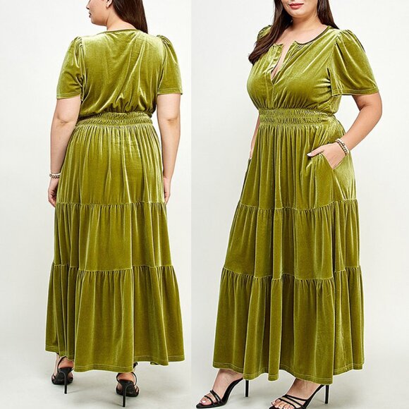 Boho Chartreuse Green Velvet Short Sleeve Tiered A-line Maxi Dress 14 - Picture 3 of 4